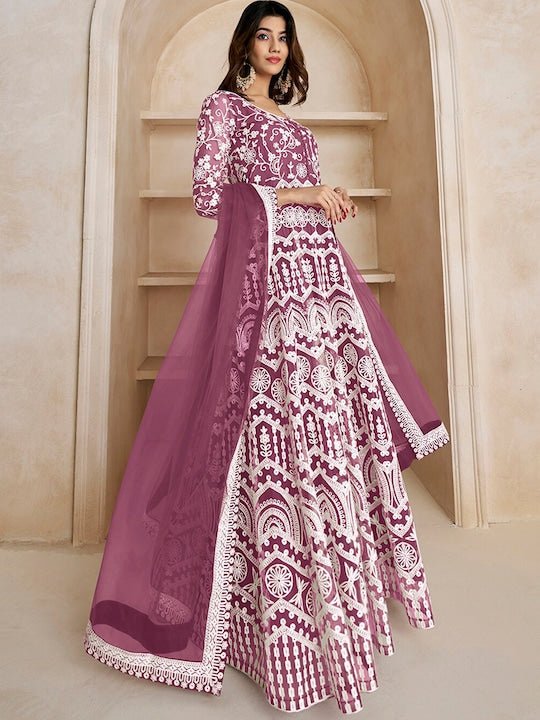 Floral Embroidered Fit Flare Maxi Ethnic Dresses With Dupatta Inddus