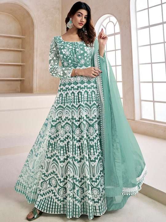 Floral Embroidered Fit & Flare Maxi Ethnic Dresses With Dupatta Floral Embroidered Fit & Flare Maxi Ethnic Dresses With Dupatta
