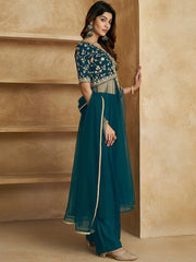 Floral Embroidered High Slit Kurta With Palazzos & With Dupatta - Inddus.com