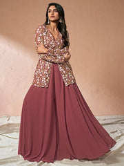 Floral Embroidered High Slit Sequinned A-Line Kurta with Palazzos - Inddus.com