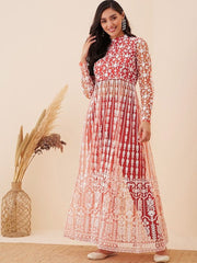 Floral Embroidered High Slit Thread Work Kurta with Trousers - Inddus.com