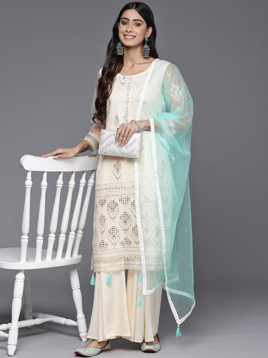 Floral Embroidered Kurta With Palazzos & Dupatta - Inddus.com
