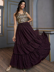Floral Embroidered Layered Fit & Flare Maxi Ethnic Dress - Inddus.com