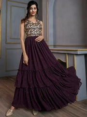 Floral Embroidered Layered Fit & Flare Maxi Ethnic Dress - Inddus.com