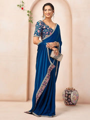 Floral Embroidered Mirror Work Satin Saree