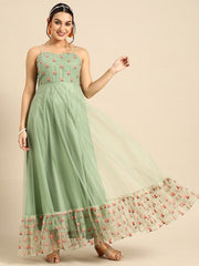 Floral Embroidered Net Maxi Ethnic Dress - Inddus.com