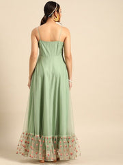Floral Embroidered Net Maxi Ethnic Dress - Inddus.com