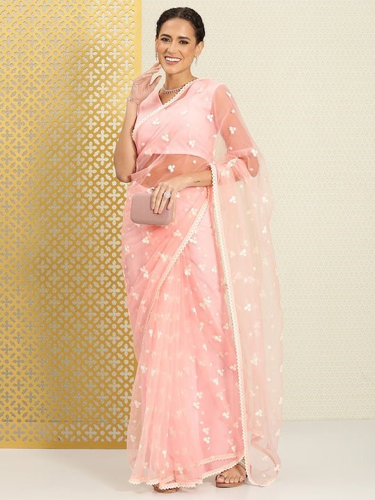 Floral Embroidered Net Saree - Inddus.com