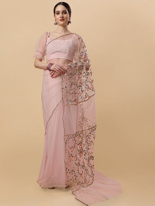 Floral Embroidered Net Saree - Inddus.com