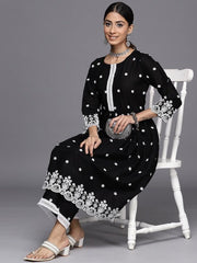 Floral Embroidered Pleated Chikankari Kurta with Palazzos - Inddus.com