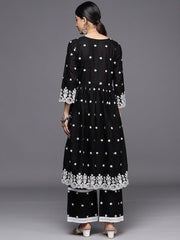 Floral Embroidered Pleated Chikankari Kurta with Palazzos - Inddus.com