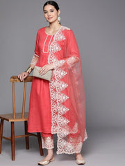 Floral Embroidered Pleated Thread Work Kurta With Trousers & Dupatta - Inddus.com