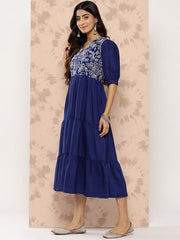 Floral Embroidered Puff Sleeves Midi Ethnic Dress - Inddus.com