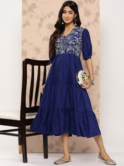 Floral Embroidered Puff Sleeves Midi Ethnic Dress - Inddus.com