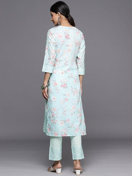 Floral Embroidered Regular Chikankari Kurta with Trousers - Inddus.com