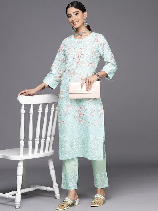 Floral Embroidered Regular Chikankari Kurta with Trousers - Inddus.com