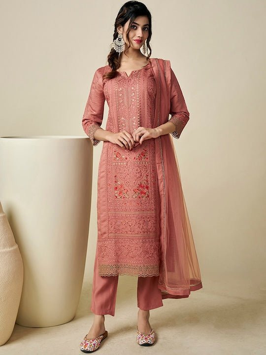 Floral Embroidered Regular Pure Cotton Kurta With Trousers & Dupatta - Inddus.com