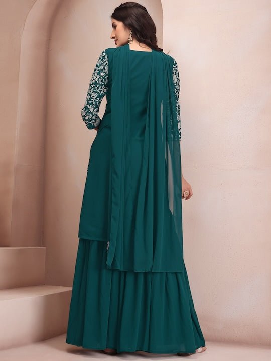 Floral Embroidered Regular Thread Work Kurta with Sharara & Dupatta - Inddus.com
