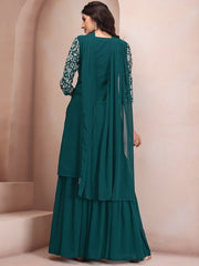 Floral Embroidered Regular Thread Work Kurta with Sharara & Dupatta - Inddus.com