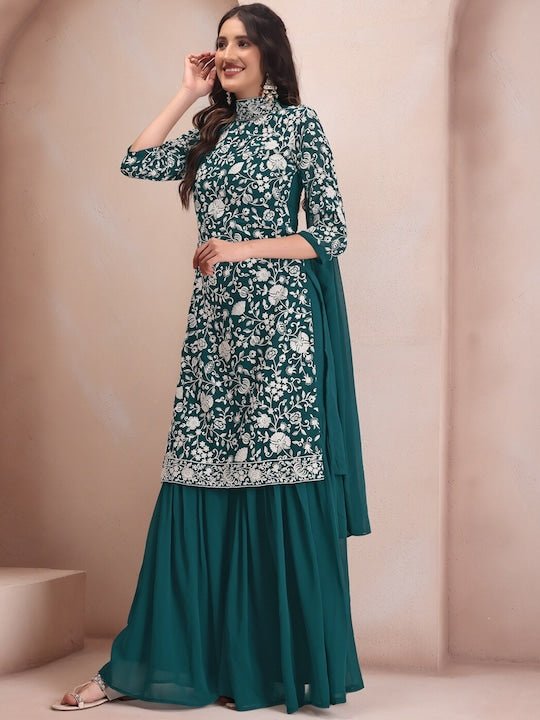 Floral Embroidered Regular Thread Work Kurta with Sharara & Dupatta - Inddus.com