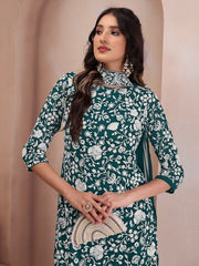 Floral Embroidered Regular Thread Work Kurta with Sharara & Dupatta - Inddus.com