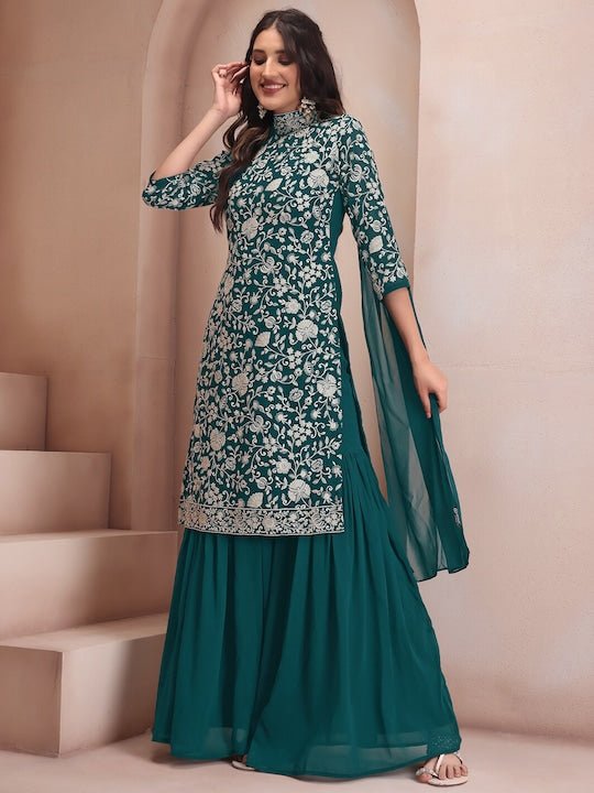 Floral Embroidered Regular Thread Work Kurta with Sharara & Dupatta - Inddus.com