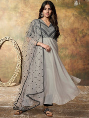 Floral Embroidered Regular Thread Work Kurta With Trousers & Dupatta - Inddus.com