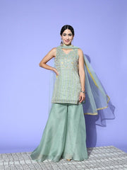 Floral Embroidered Regular Thread Work Kurti with Sharara & With Dupatta - Inddus.com