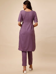 Floral Embroidered Round Neck Thread Work Kurta With Trousers - Inddus.com