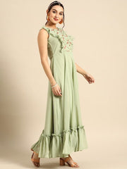 Floral Embroidered Ruffled Georgette Maxi Dress - Inddus.com