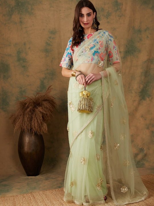 Floral Embroidered Sequined Sarees - Inddus.com
