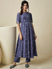 Floral Embroidered Sequinned Chanderi Cotton A-Line Kurta with Trousers - Inddus.com