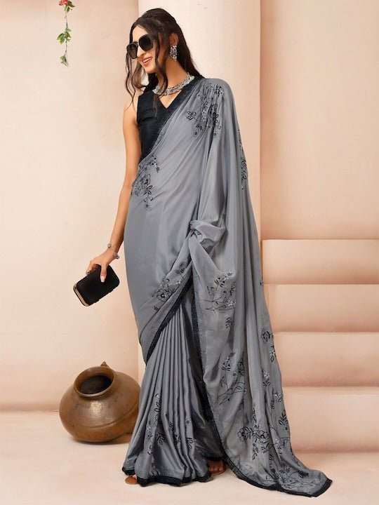 Floral Embroidered Sequinned Organza Saree - Inddus.com