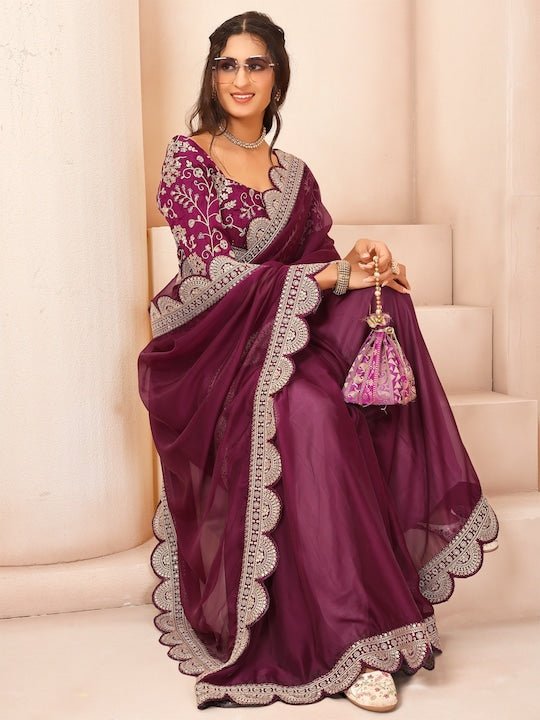 Floral Embroidered Sequinned Organza Saree - Inddus.com