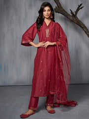 Floral Embroidered Sequinned Pure Silk Kurta with Trousers & Dupatta - Inddus.com