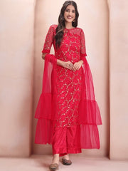 Floral Embroidered Sequinned Regular Kurta with Palazzos & Dupatta - Inddus.com