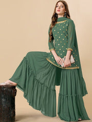 Floral Embroidered Sequinned Regular Kurta with Sharara & Dupatta - Inddus.com