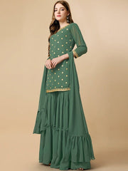 Floral Embroidered Sequinned Regular Kurta with Sharara & Dupatta - Inddus.com