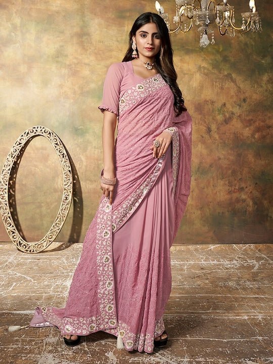 Floral Embroidered Sequinned Saree