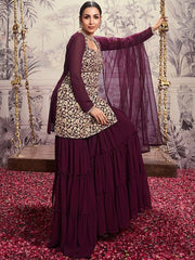 Floral Embroidered Square Neck Long Sleeve Sequinned Kurta Set With Dupatta - Inddus.com
