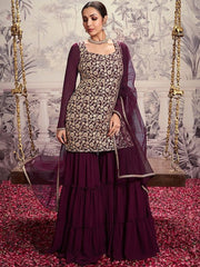 Floral Embroidered Square Neck Long Sleeve Sequinned Kurta Set With Dupatta - Inddus.com