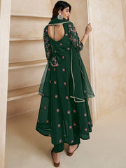 Floral Embroidered Thread Work Chanderi Cotton Kurta With Trousers & Dupatta - Inddus.com