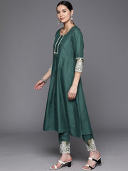 Floral Embroidered Thread Work Kurta with Trousers & With Dupatta - Inddus.com