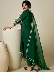 Floral Embroidered Thread Work Kurta with Trousers & With Dupatta - Inddus.com