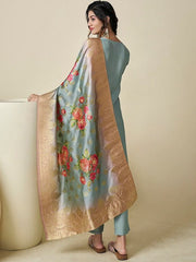 Floral Embroidered Thread Work Pure Silk Kurta with Trousers & With Dupatta - Inddus.com