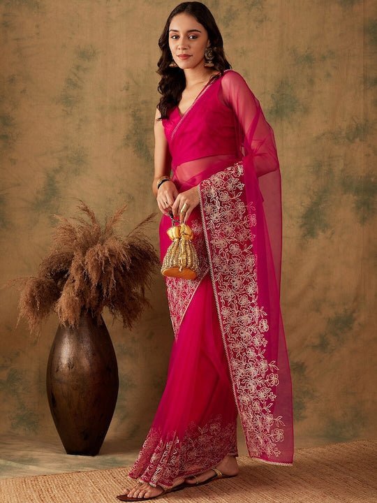 Floral Embroidered Zari Detail Saree