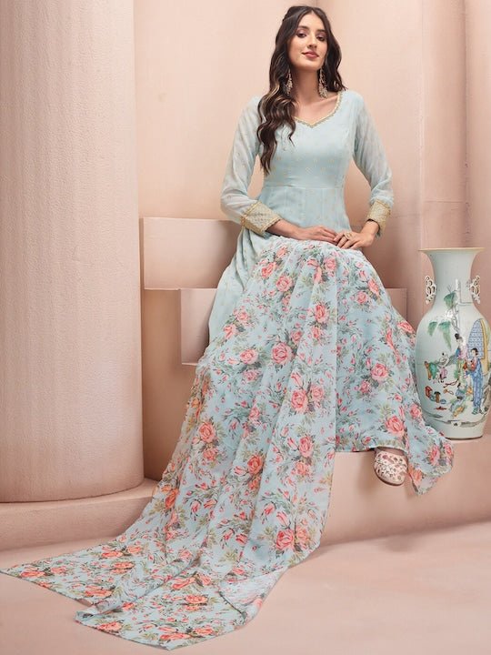 Floral Foil Printed Fit & Flare Ethnic Dress With Dupatta - Inddus.com