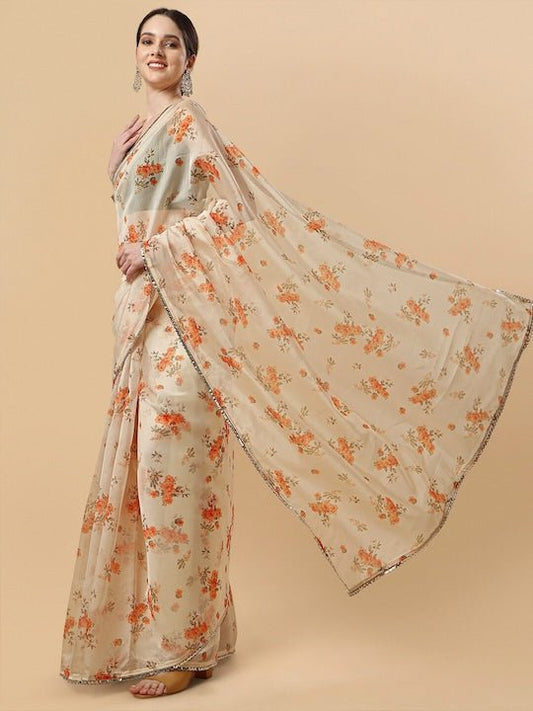 Floral Gotta Patti Organza Saree - Inddus.com