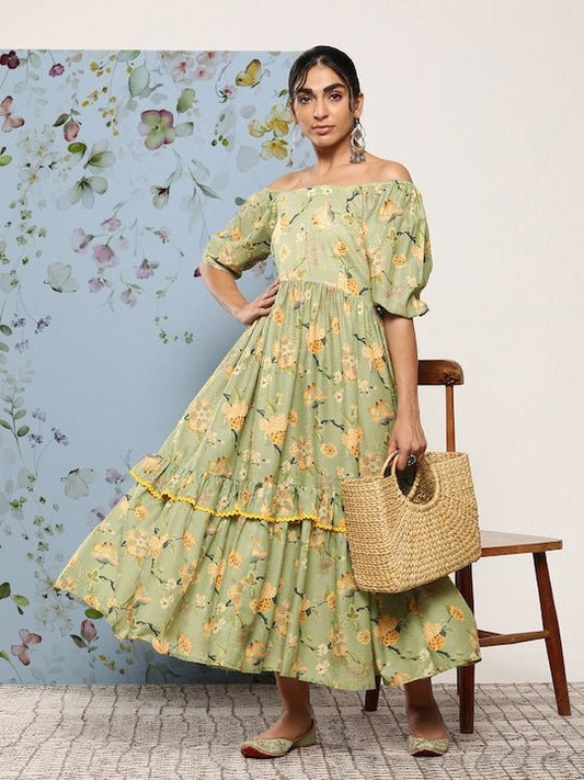 Floral Off-Shoulder Tiered Maxi Dress - Inddus.com