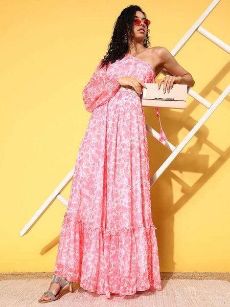 Floral One Shoulder Belted Chiffon Maxi Dress